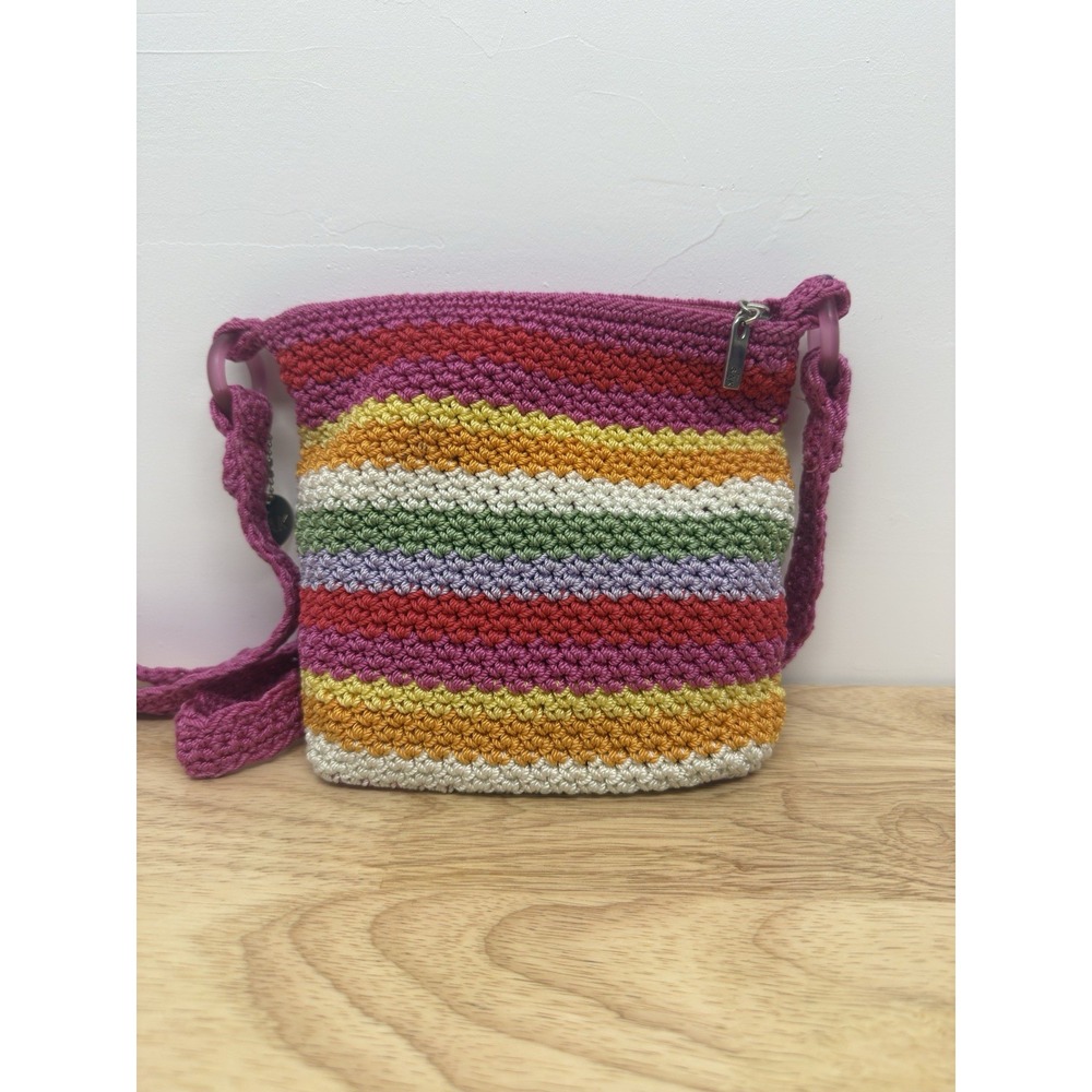 The SAK Original Pink Multicolor Striped Zippered Crochet Handbag Crossbody #50 - Picture 9 of 11